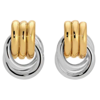 Pair of hoop earrings with gold and silver rings on a white background