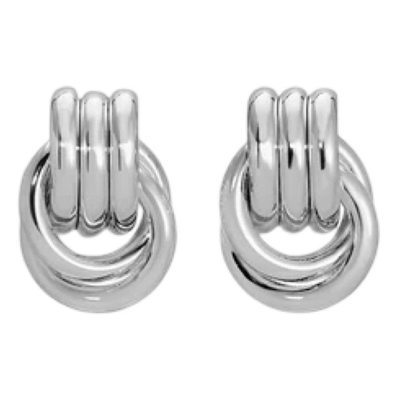 Pair of silver hoop earrings on a white background