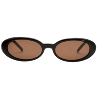 Black oval sunglasses with brown lenses on a white background