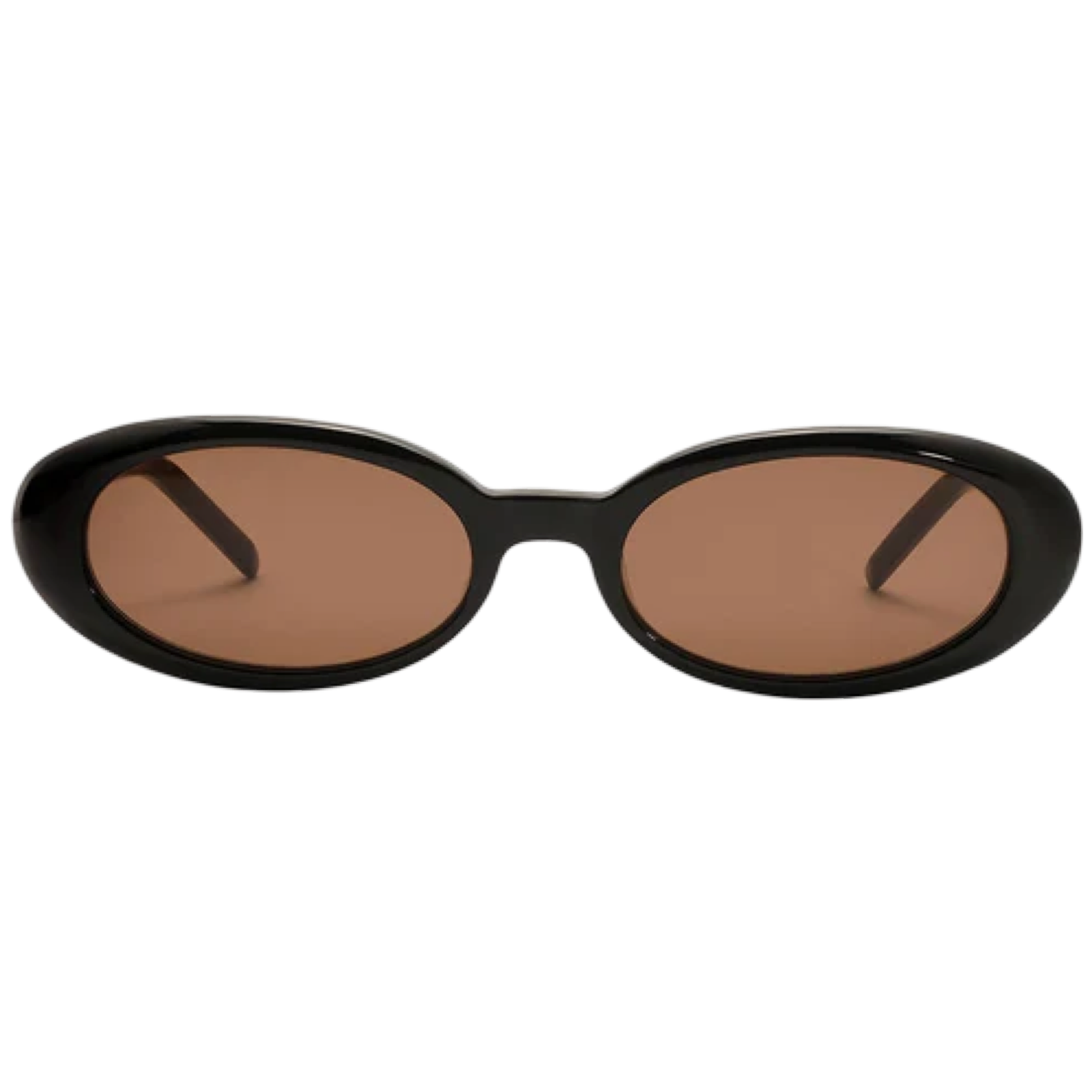 Black oval sunglasses with brown lenses on a white background