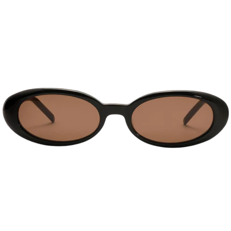 Black oval sunglasses with brown lenses on a white background