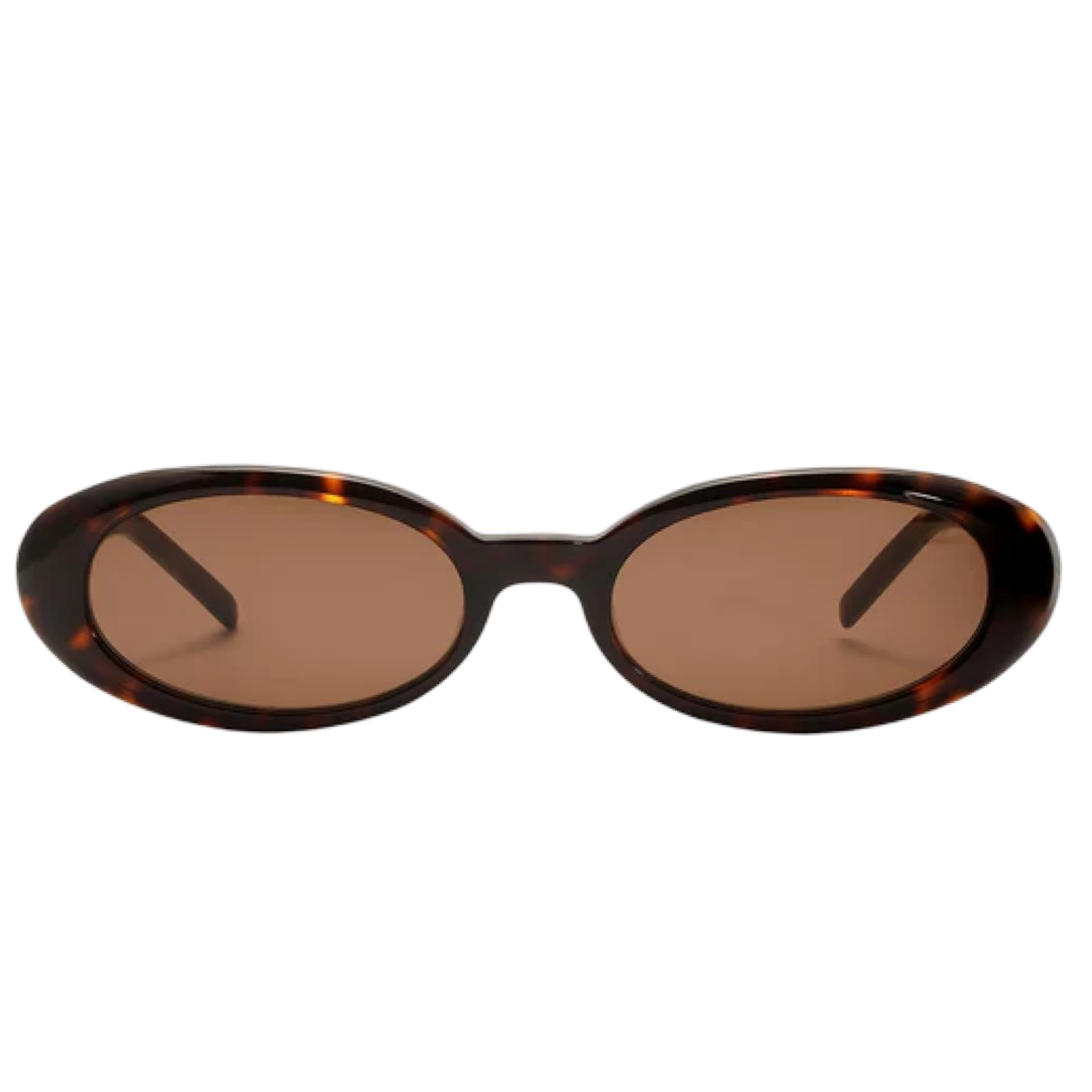 Sunglasses with tortoiseshell frame and brown lenses on a white background