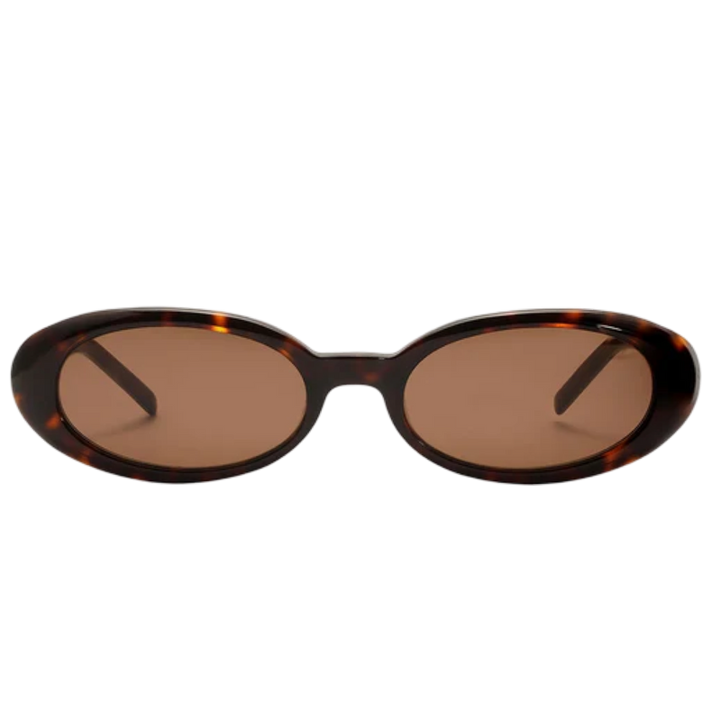 Sunglasses with tortoiseshell frame and brown lenses on a white background