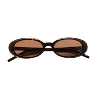 Sunglasses with tortoiseshell frame and brown lenses on a white background