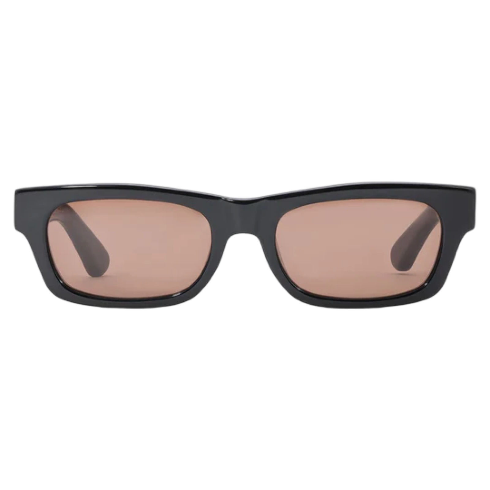 Black sunglasses with brown lenses on a white background