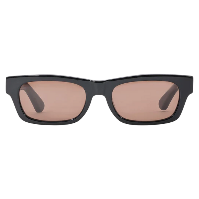 Black sunglasses with brown lenses on a white background