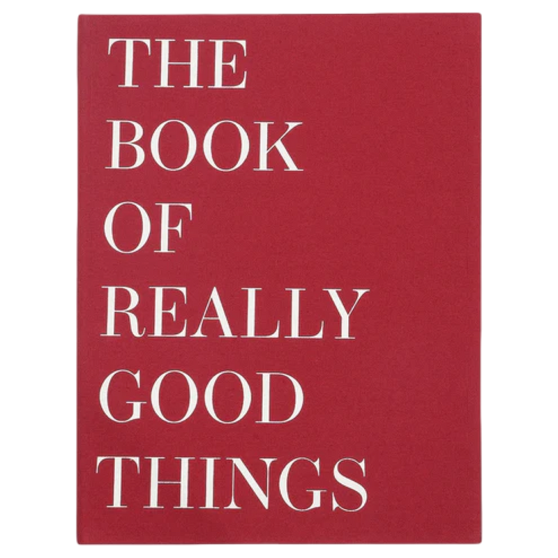 Red book cover with white text 'THE BOOK OF REALLY GOOD THINGS'