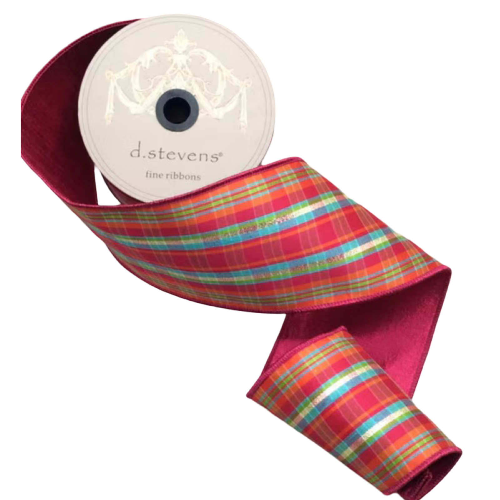 Hot pink and orange plaid dupioni ribbon with turquoise, green, and metallic accents, 4 inches wide, shown in a folded loop for Christmas trees, bows, wreaths, and garlands.