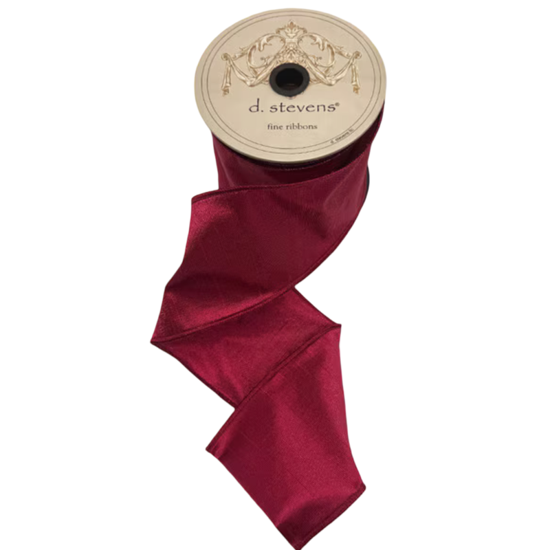 Hot pink metallic dupioni wired ribbon, 4 inches wide, with a rich jewel-tone sheen and textured finish for bows, wreaths, garlands, trees, and gift wrapping.