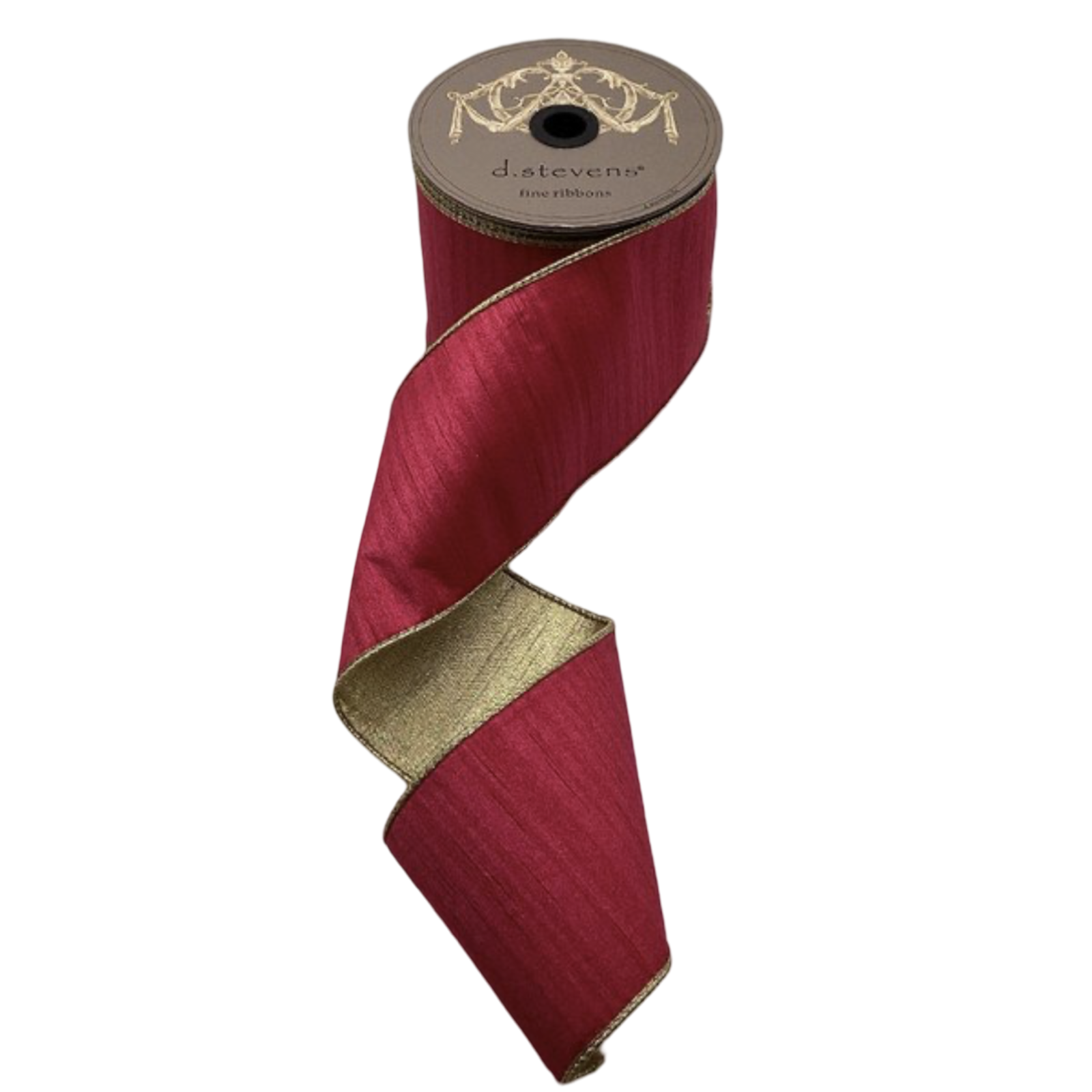 Hot pink slub dupioni ribbon with metallic gold backing and gold edging, 4 inches wide, shown cascading from a 10-yard spool.
