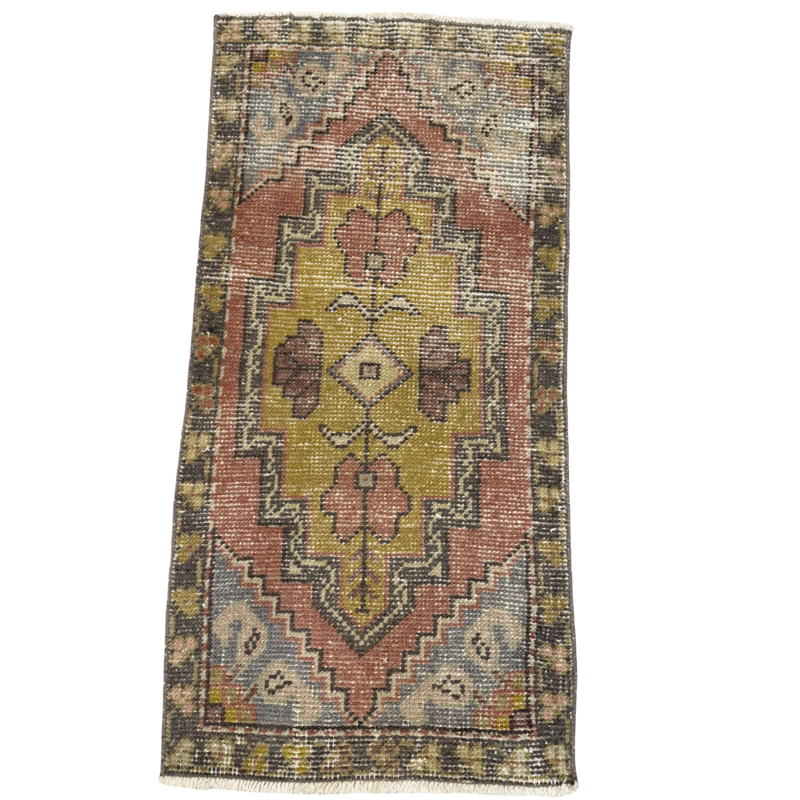 Vintage Turkish Mini Rug 3’2” x 1’7.5” | Dusty Rose, Golden Olive & Blue Medallion Rug