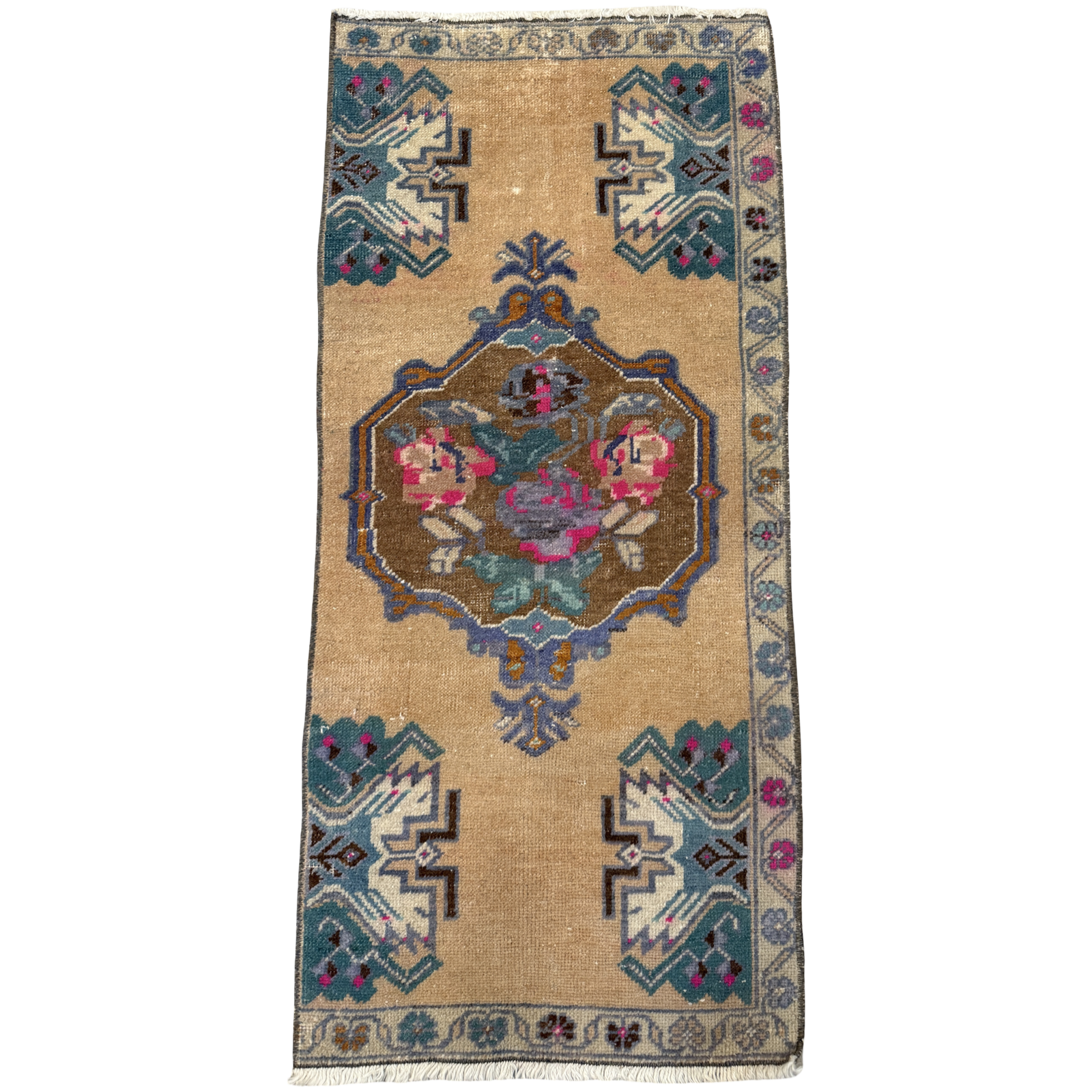 Vintage Turkish Mini Rug 3’4.5” x 1’6” | Peach, Turquoise & Fuchsia Medallion Rug