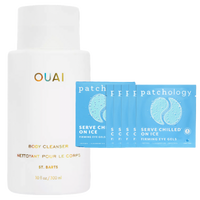 OUAI body cleanser bottle with Patchology eye gel packets on a white background