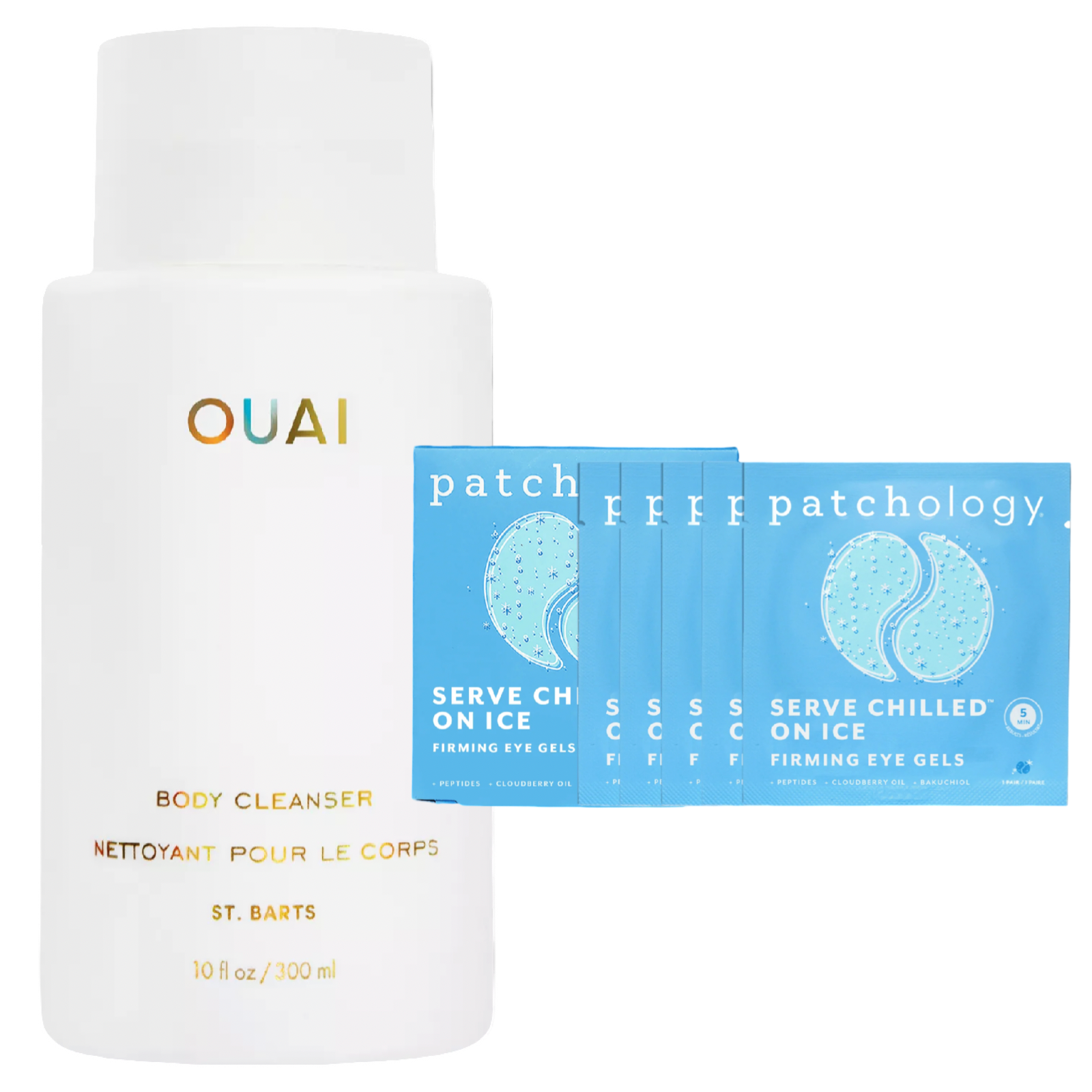 OUAI body cleanser bottle with Patchology eye gel packets on a white background