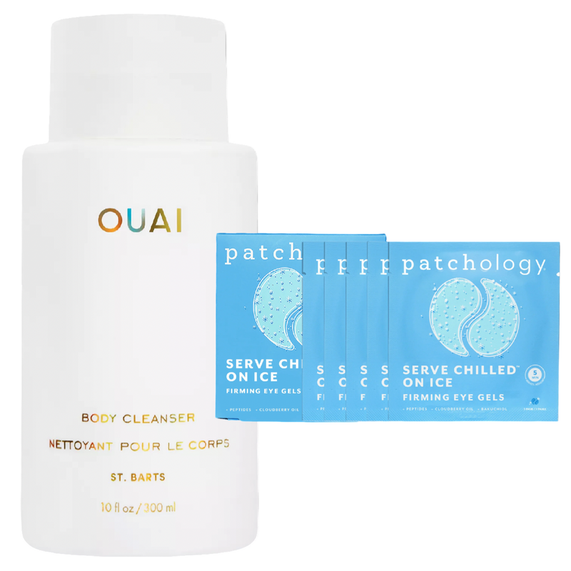 OUAI body cleanser bottle with Patchology eye gel packets on a white background