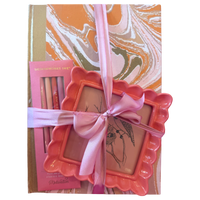 The Ultimate Vanity Vignette Gift Set | Handmade Marbled Hardcover Notebook, Twisty Metal Pen Set, and Resin Ruffled Photo Frame