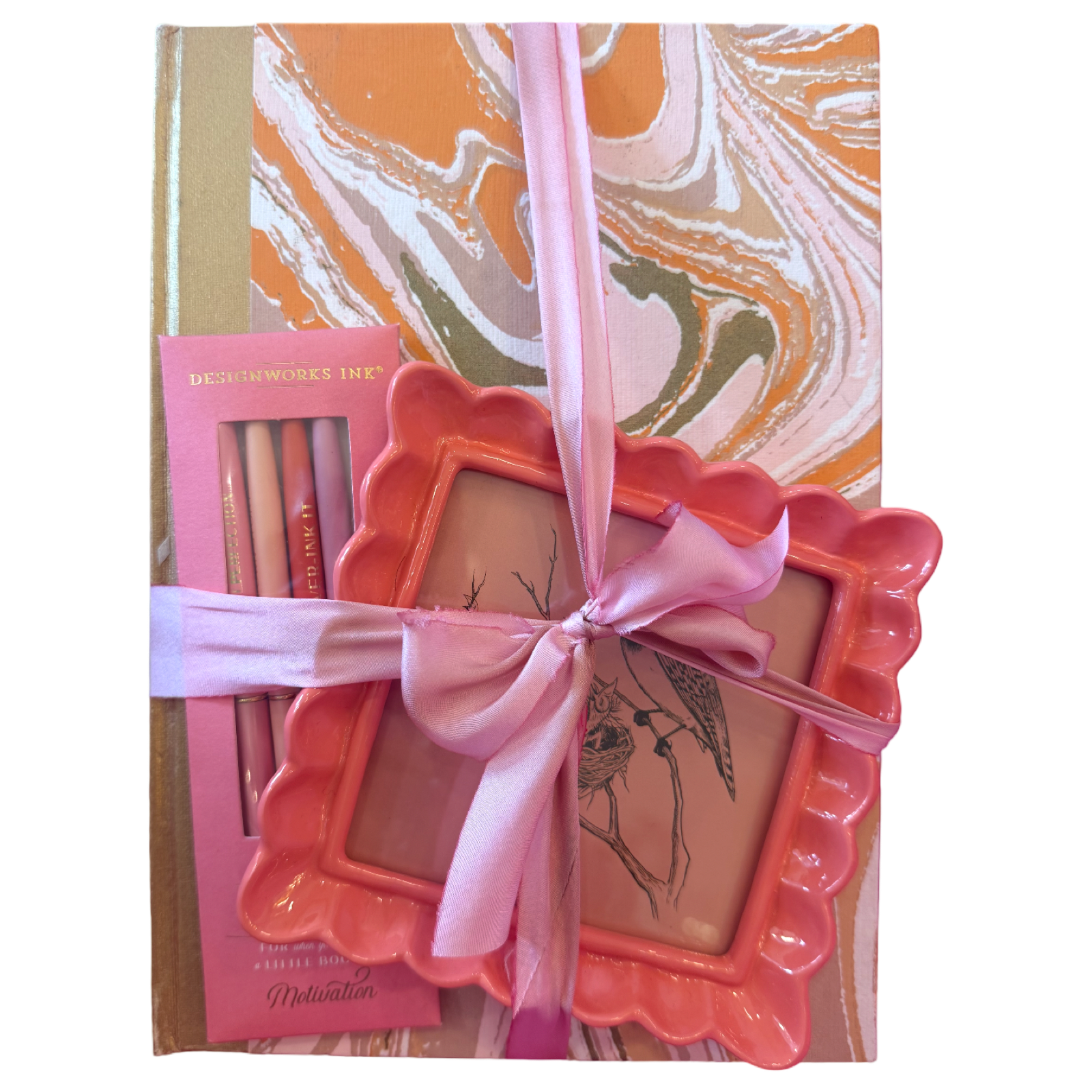 The Ultimate Vanity Vignette Gift Set | Handmade Marbled Hardcover Notebook, Twisty Metal Pen Set, and Resin Ruffled Photo Frame