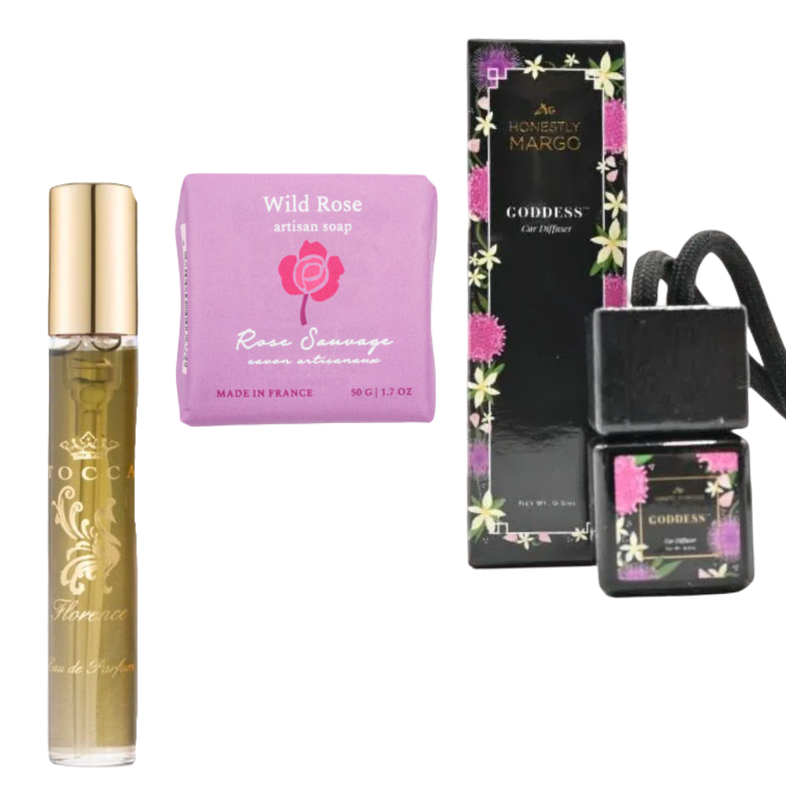 The Sweet Scents Gift Set | Honestly Margo Car Diffuser, Tocca Perfume, Baudelaire Artisan Soap