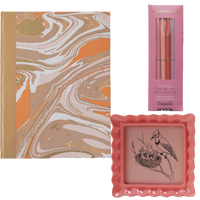 The Ultimate Vanity Vignette Gift Set | Handmade Marbled Hardcover Notebook, Twisty Metal Pen Set, and Resin Ruffled Photo Frame