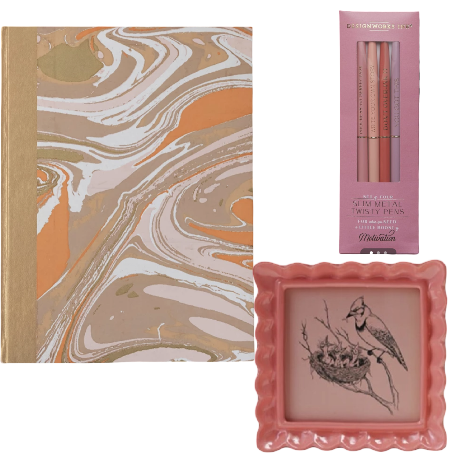 The Ultimate Vanity Vignette Gift Set | Handmade Marbled Hardcover Notebook, Twisty Metal Pen Set, and Resin Ruffled Photo Frame