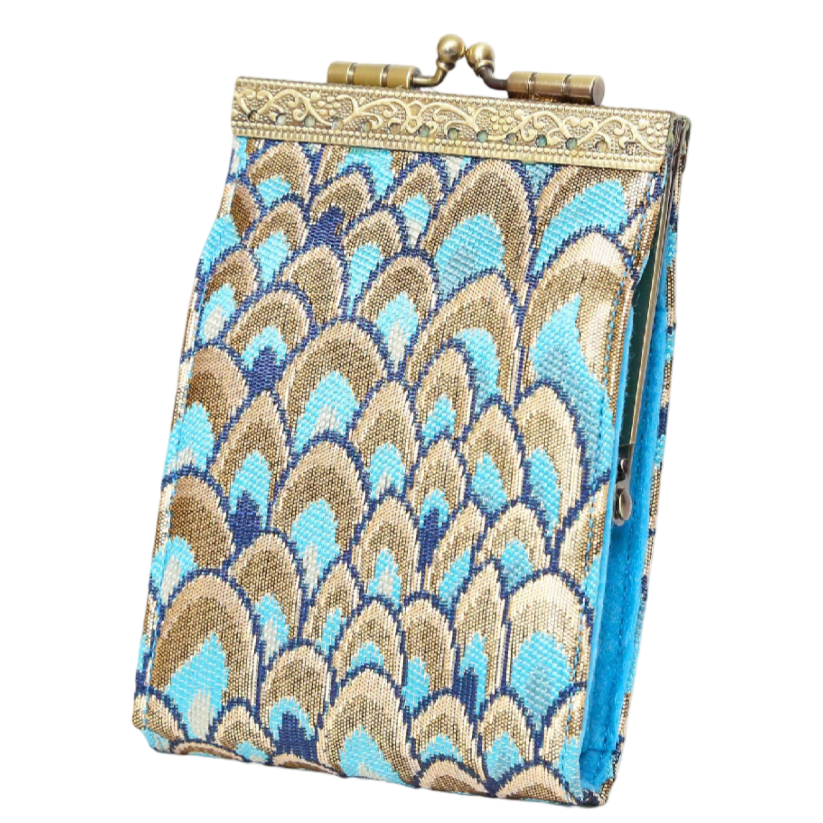 Gold & Teal Feather Brocade RFID Card Holder
