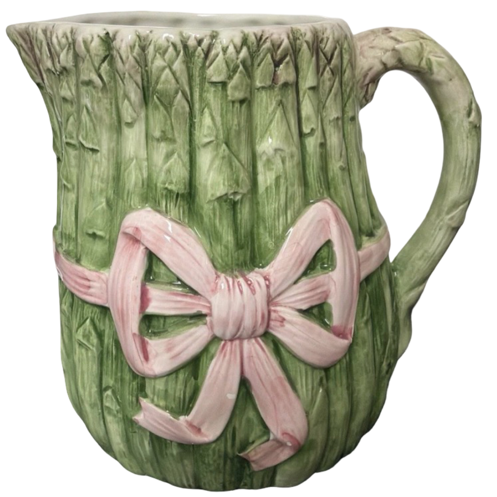 Vintage Italian Majolica Asparagus Pitcher with Pink Bow – 10”