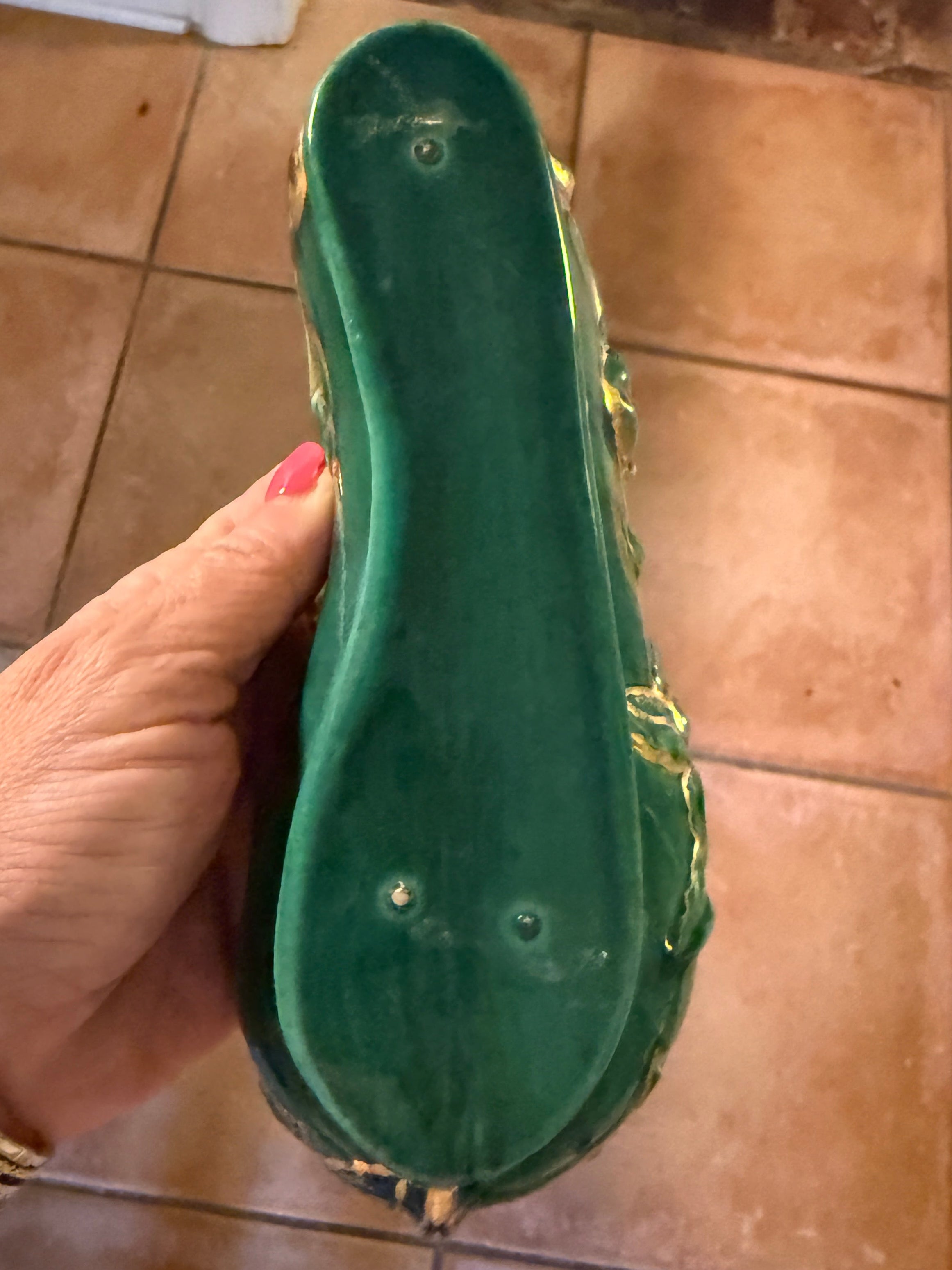Vintage Emerald Green Porcelain Slipper with Gilt Floral Detail | One of One