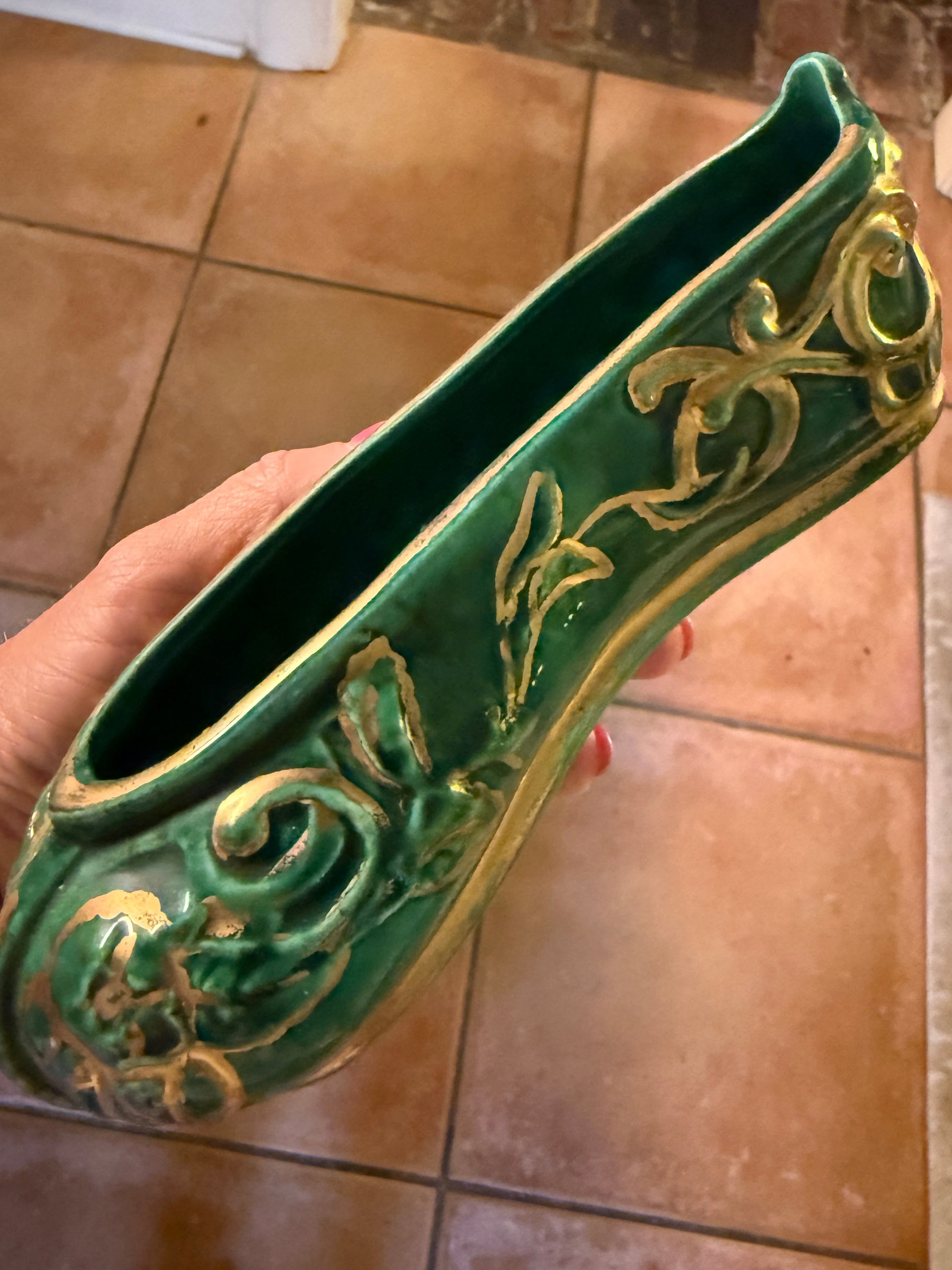 Vintage Emerald Green Porcelain Slipper with Gilt Floral Detail | One of One