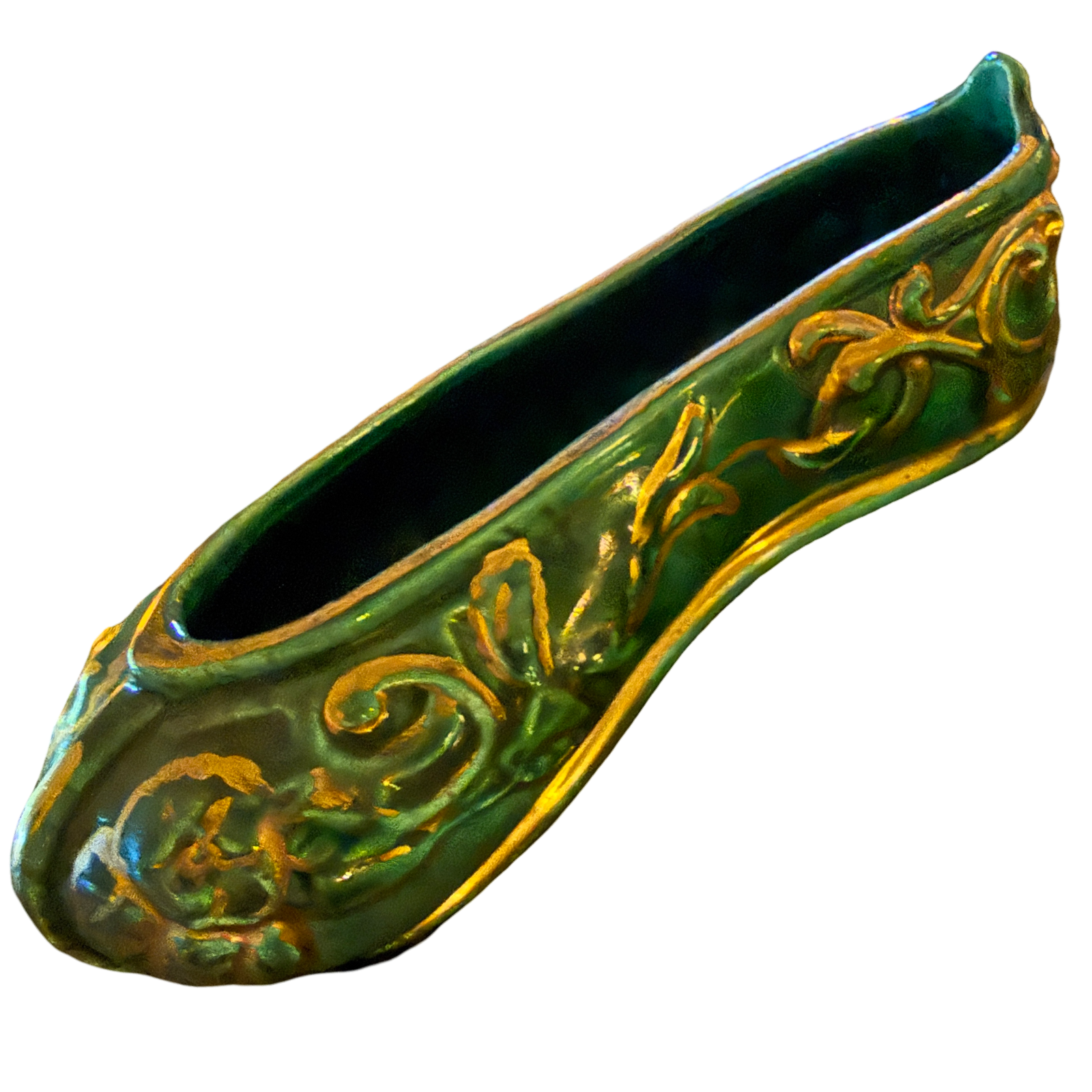 Vintage Emerald Green Porcelain Slipper with Gilt Floral Detail | One of One