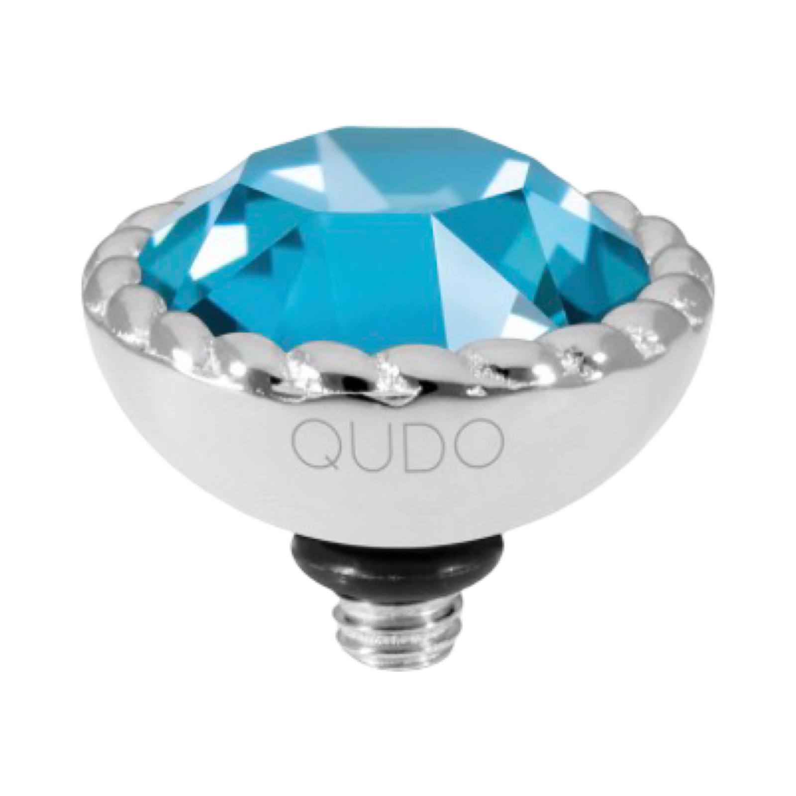 QUDO Bocconi 11mm interchangeable jewelry top featuring a Teal Ignite Swarovski crystal set in polished silver stainless steel.