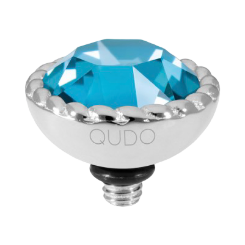 QUDO Bocconi 11mm interchangeable jewelry top featuring a Teal Ignite Swarovski crystal set in polished silver stainless steel.