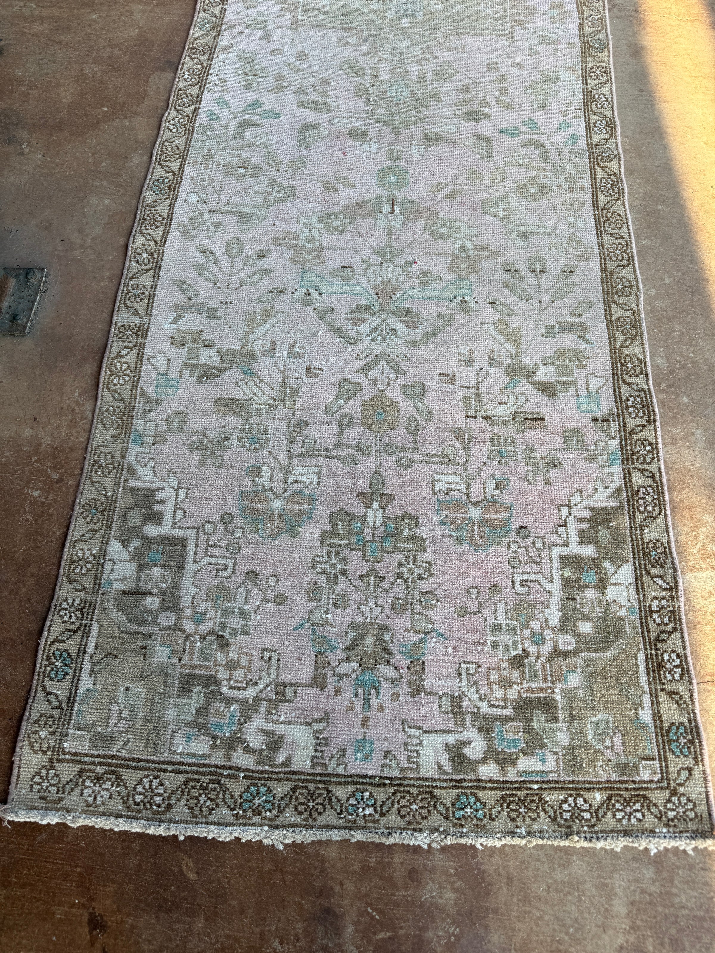 Vintage Turkish Runner Rug | Faded Blush Pink & Turquoise | 2'9½" x 9'11"
