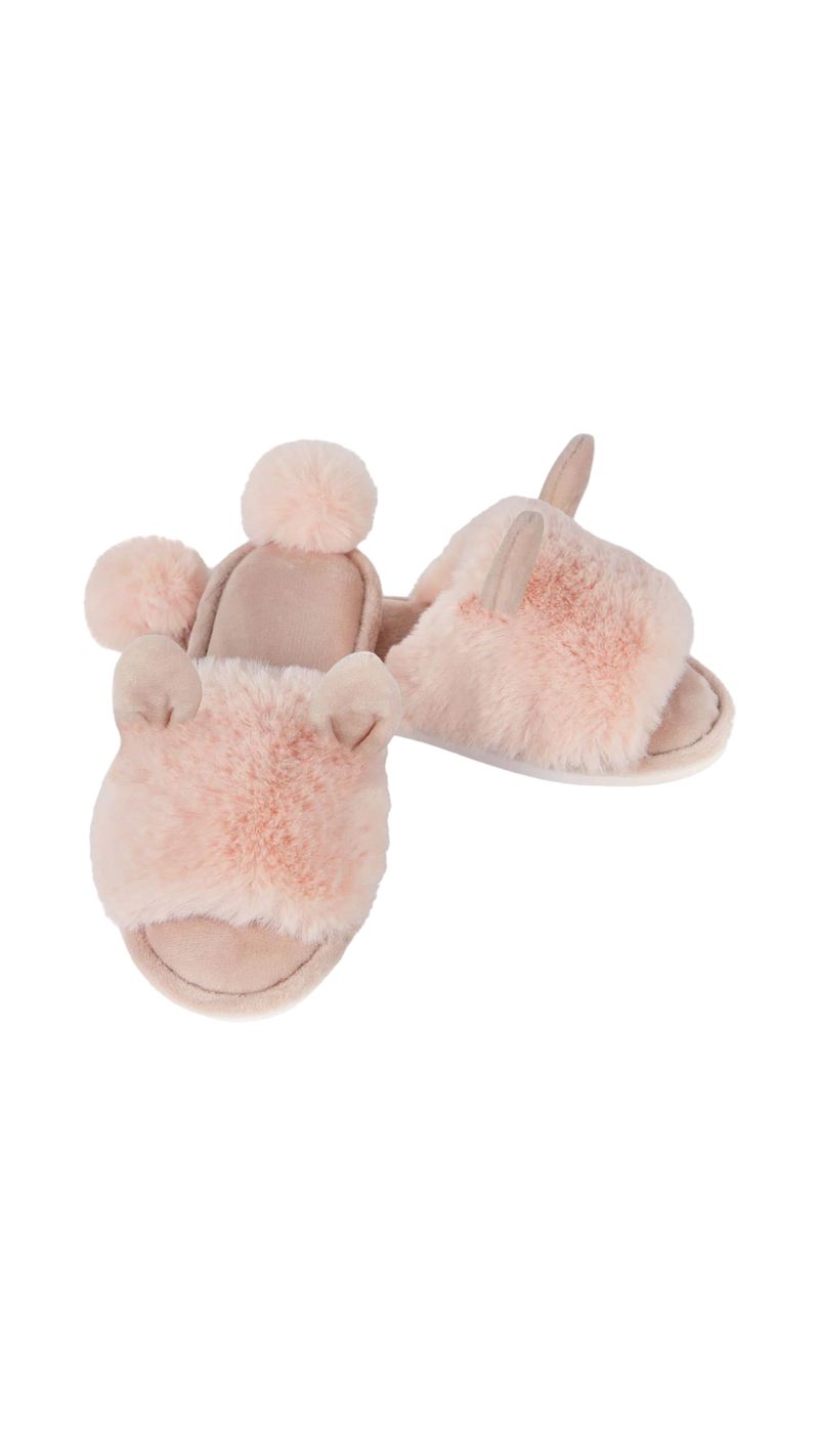 MeMoi Bunny Hop Pompom Open Toe Plush Slippers Blush