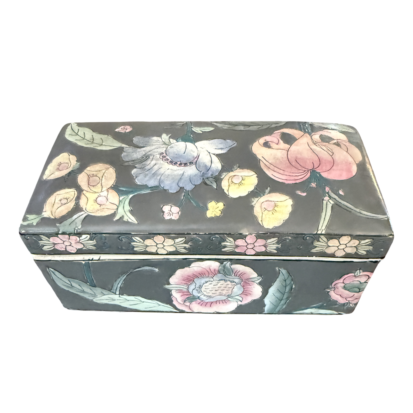 Vintage Chinese Gray Floral Enameled Porcelain Lidded Box