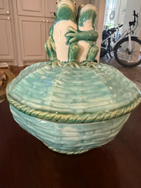 Vintage Majolica Frog Basketweave Lidded Bowl