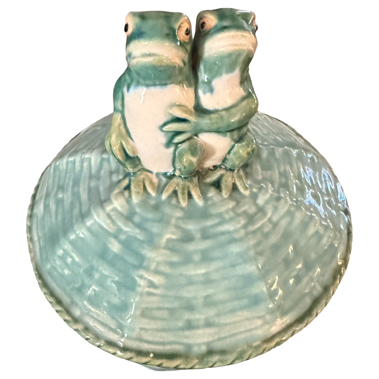 Vintage Majolica Frog Basketweave Lidded Bowl