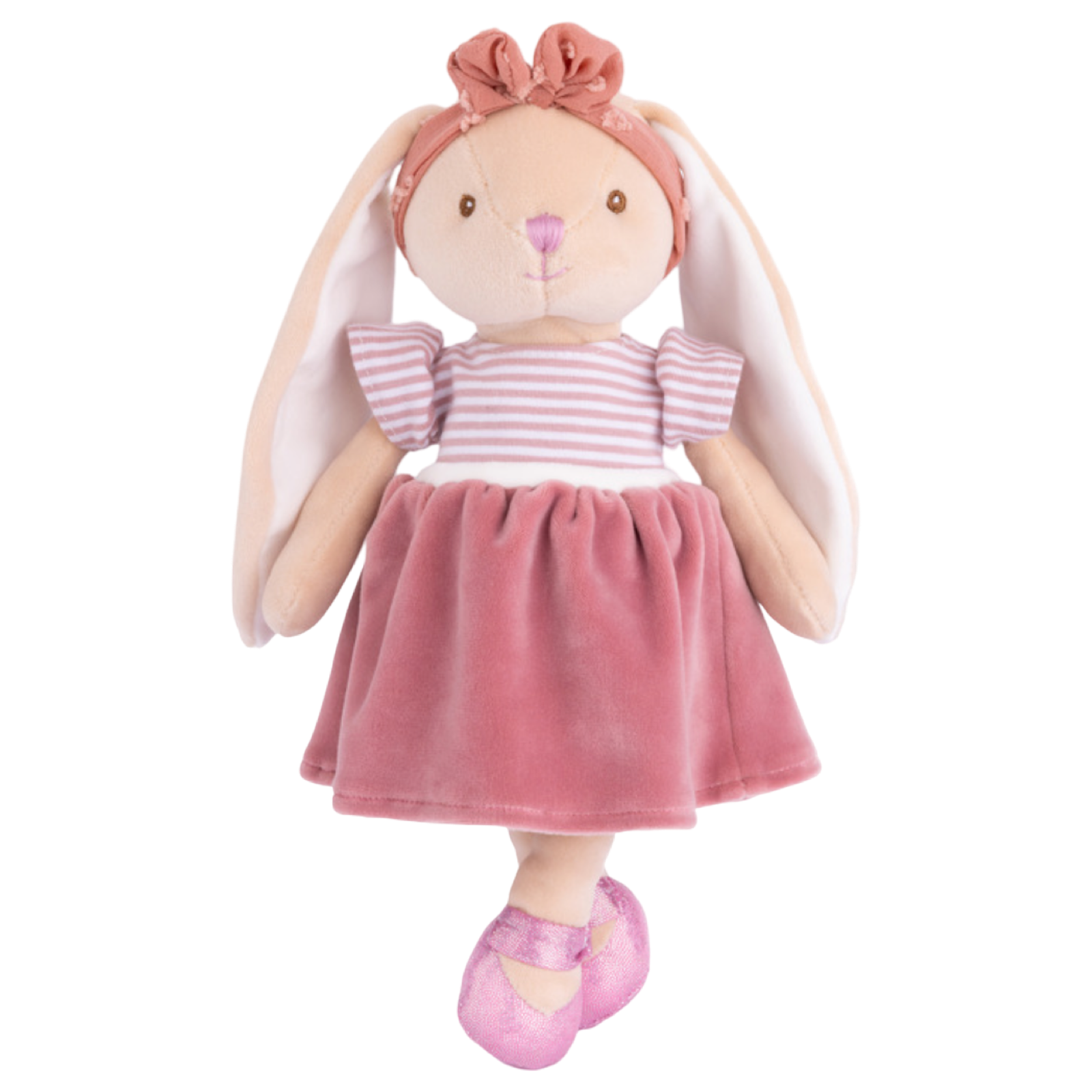 Plush toy rabbit in a pink dress with a white background