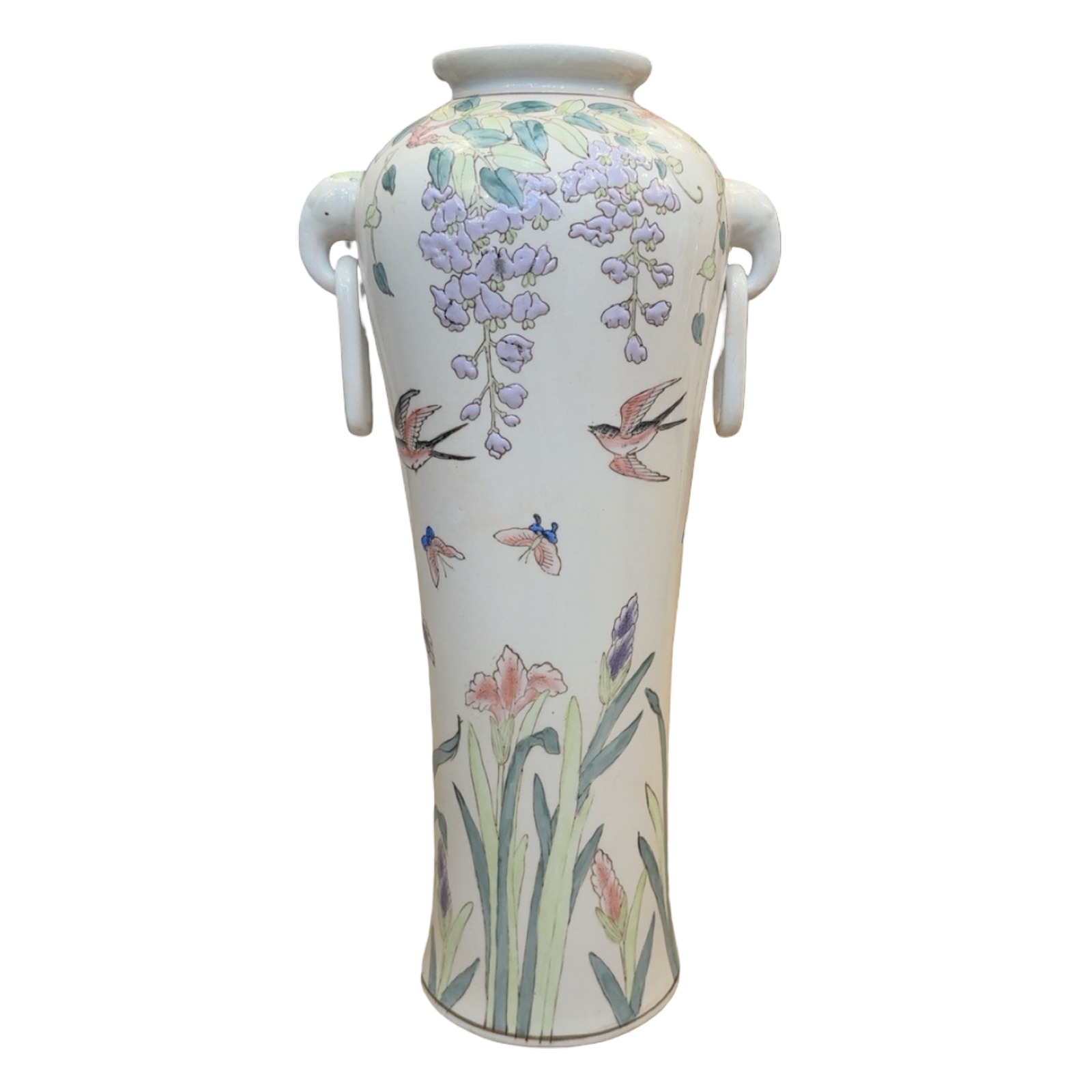 Vintage Chinoiserie Floral Vase with Birds & Wisteria