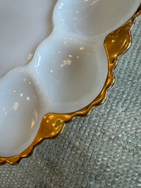 Vintage Milk Glass Deviled Egg Platter with Gold Rim