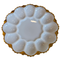 Vintage Milk Glass Deviled Egg Platter with Gold Rim