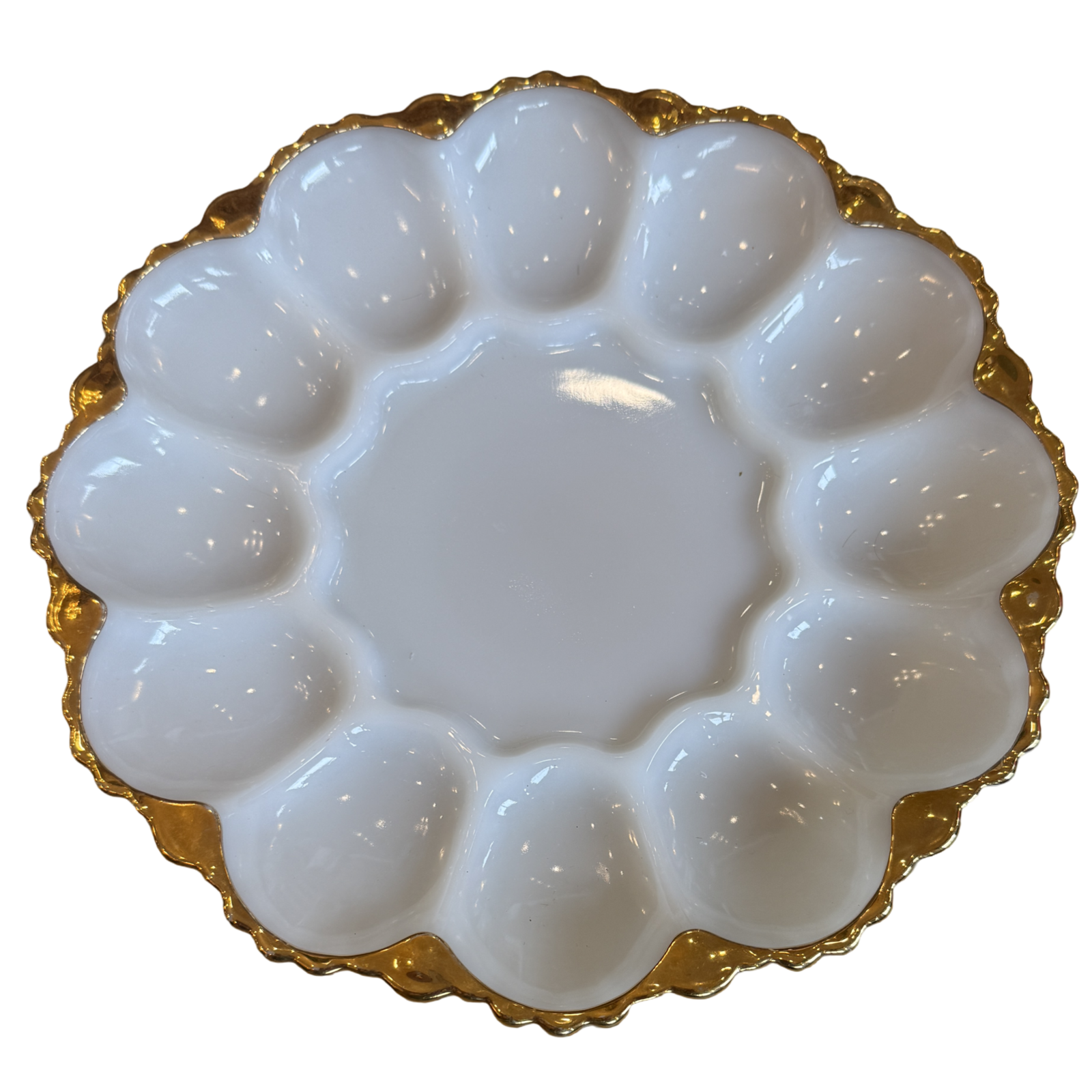 Vintage Milk Glass Deviled Egg Platter with Gold Rim