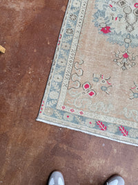 Vintage Turkish Runner – 6'4" x 2'11" – Faded Oatmeal with Bold Pink & Slate Blue Accents