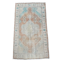 vintage Turkish rug, 4x6 rug, small accent rug, faded terracotta rug, aqua medallion rug, handwoven Turkish rug, boho rug, layered rug look, one of a kind rug, vintage home decor, entryway rug, kitchen runner, neutral Turkish rug