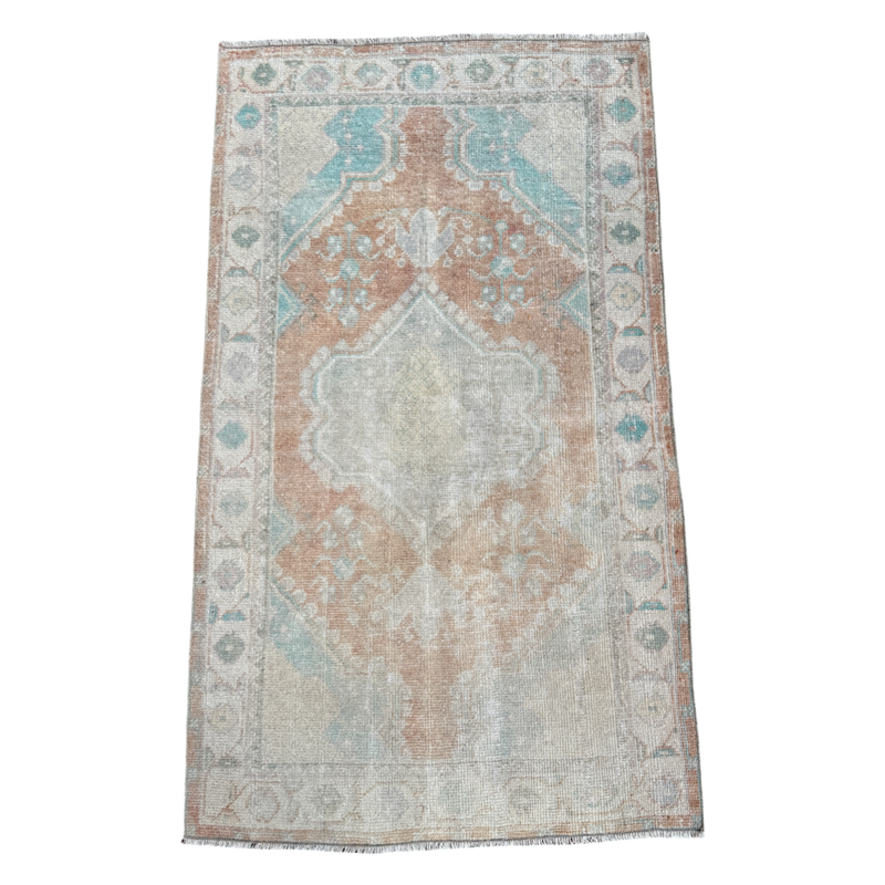 vintage Turkish rug, 4x6 rug, small accent rug, faded terracotta rug, aqua medallion rug, handwoven Turkish rug, boho rug, layered rug look, one of a kind rug, vintage home decor, entryway rug, kitchen runner, neutral Turkish rug