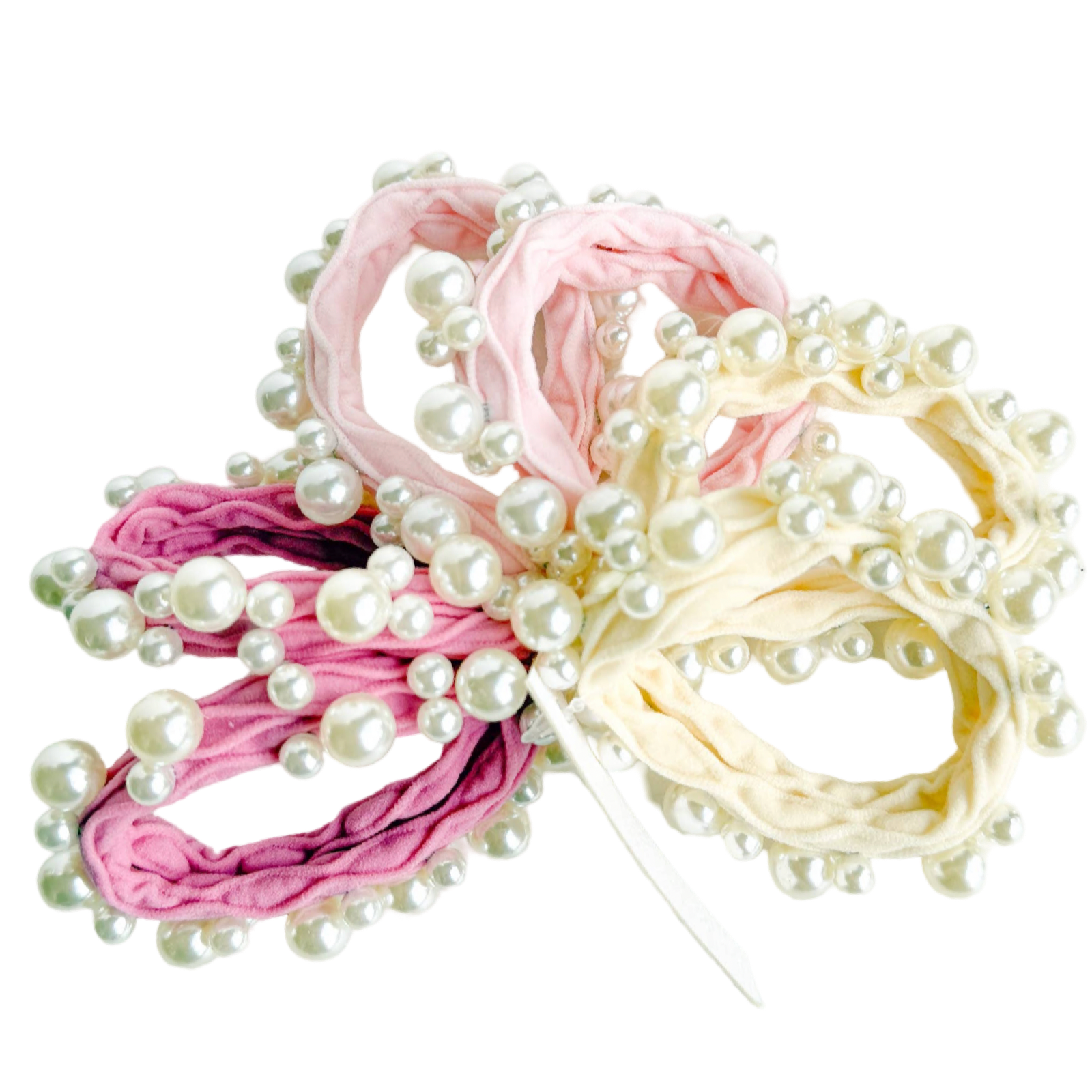 Two hair ties with pearl embellishments, one pink and one beige, on a white background.