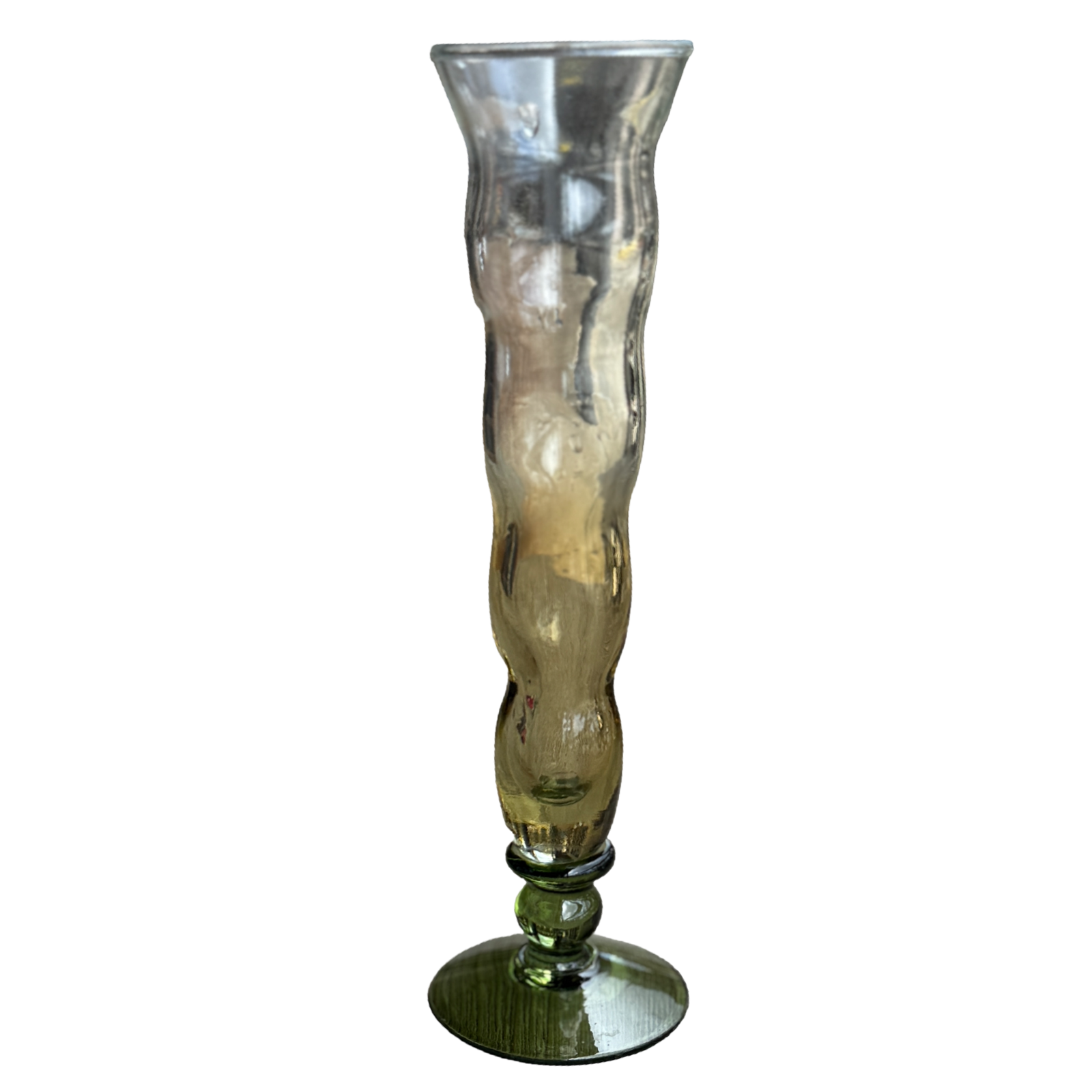 Tall, ribbed glass vase on a white background