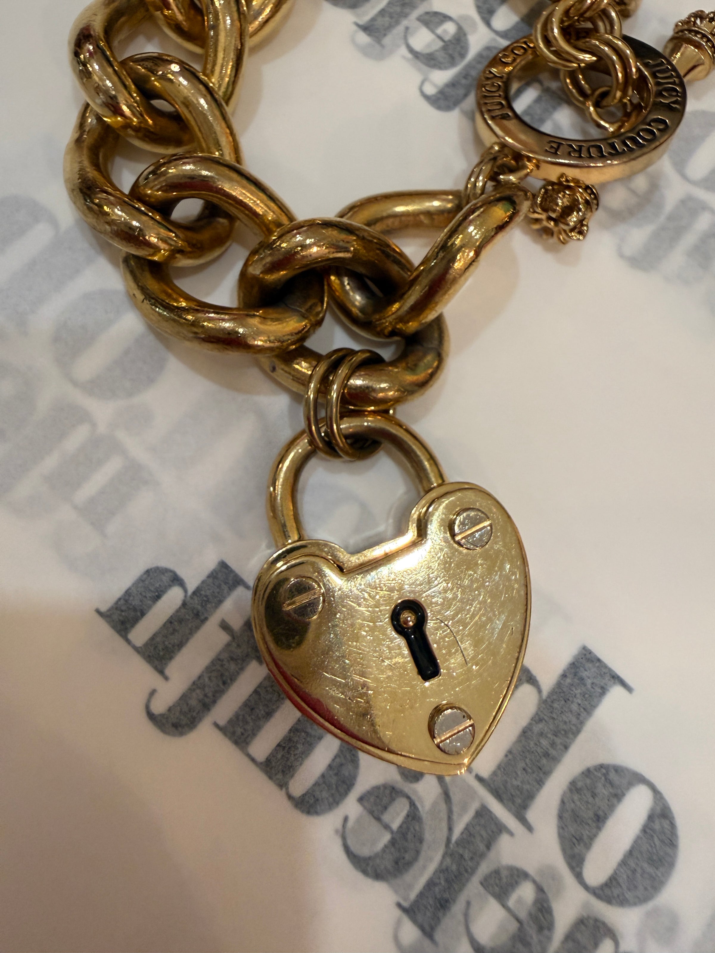 Vintage Juicy Couture Gold Charm Bracelet with Heart Lock