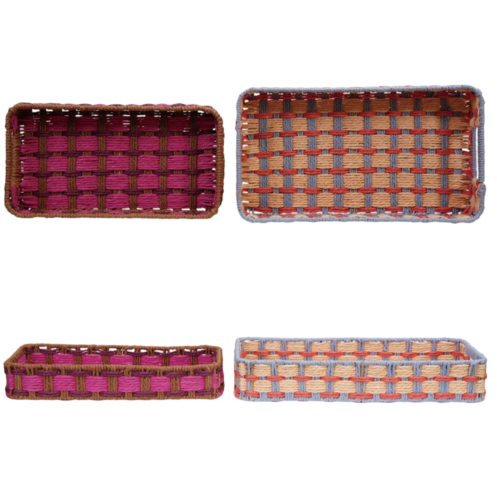 Set of four woven baskets with different color patterns on a white background