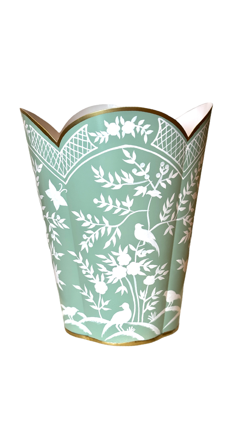 Grass Green/ White Chinoiserie Scalloped Wastepaper Basket