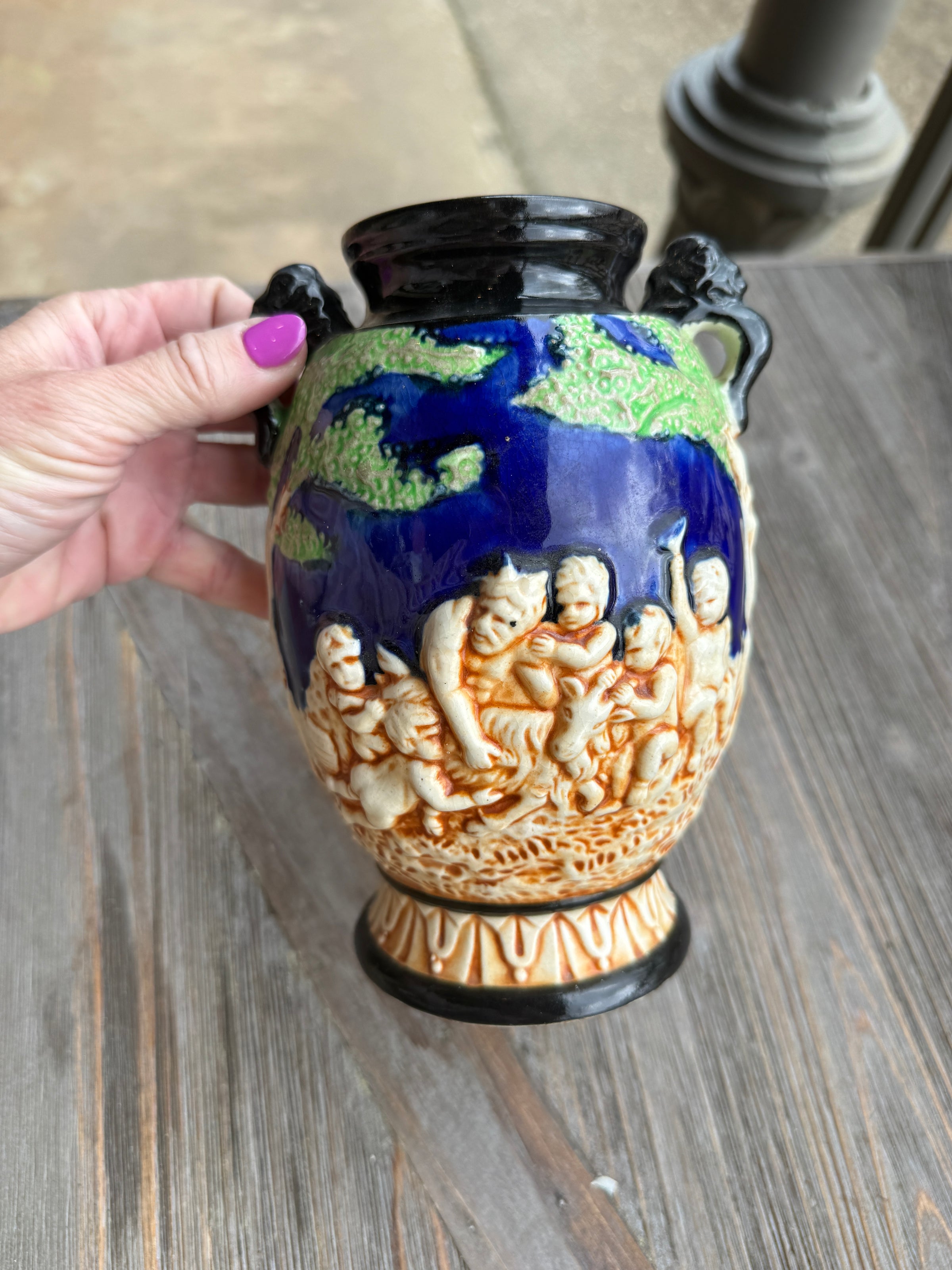 Vintage Japanese Majolica Cherub Vase – Cobalt Blue Relief Putti Pottery, Made in Japan